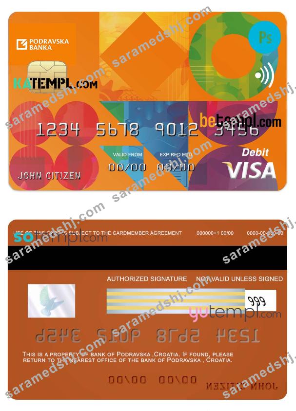 Croatia Podravska bank visa credit card template in PSD format, fully editable